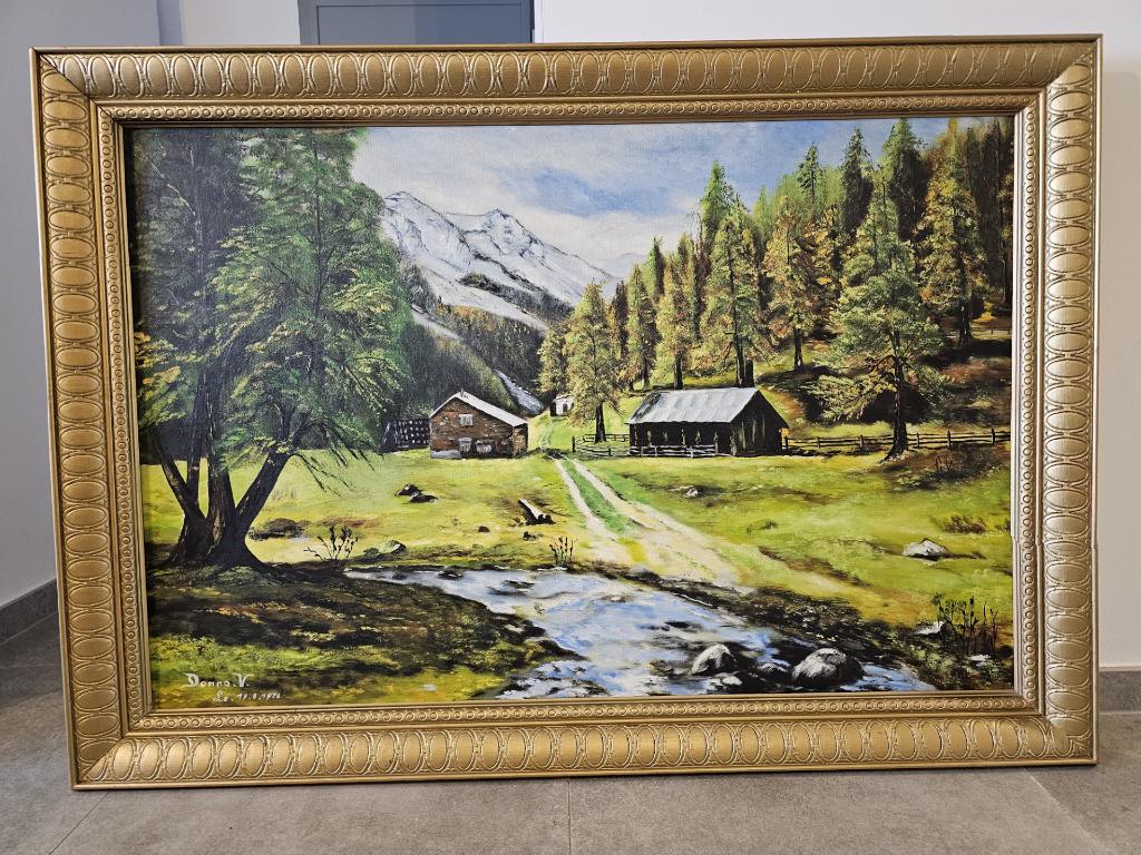 Grand tableau vintage paysage montagne avec cadre doré, Ophalen