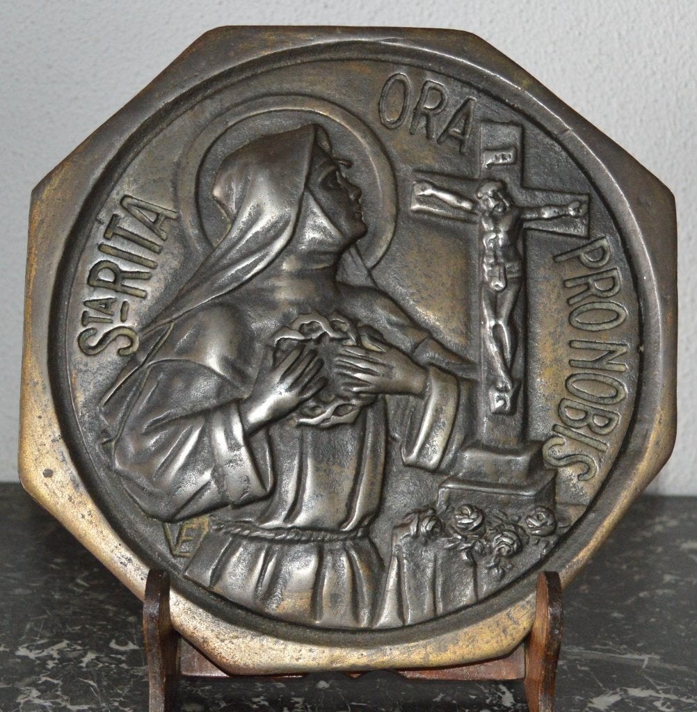 Bronzen  plaat St Rita 21 cm, Antiek en Kunst, Ophalen of Verzenden, Brons