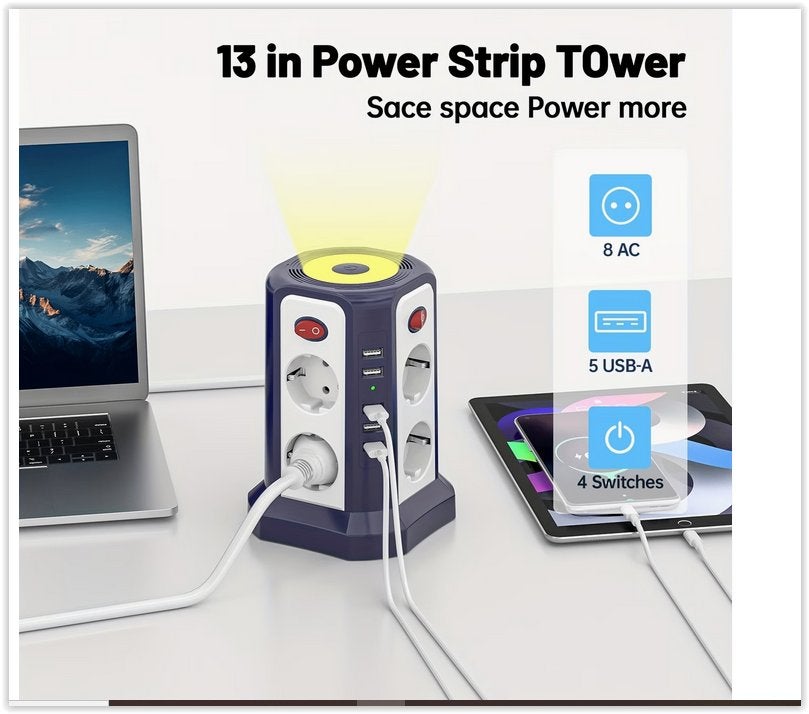 8 AC+5 USB-stekkerdoos met nachtlampje - 3,15 m, Ophalen of Verzenden, Nieuw, Overige merken, Stekkerdoos