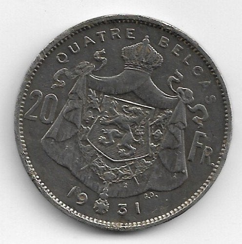 Belgique : 20 francs soit 4 belga 1931 FR (B) = morin 376 B, Envoi, Monnaie en vrac