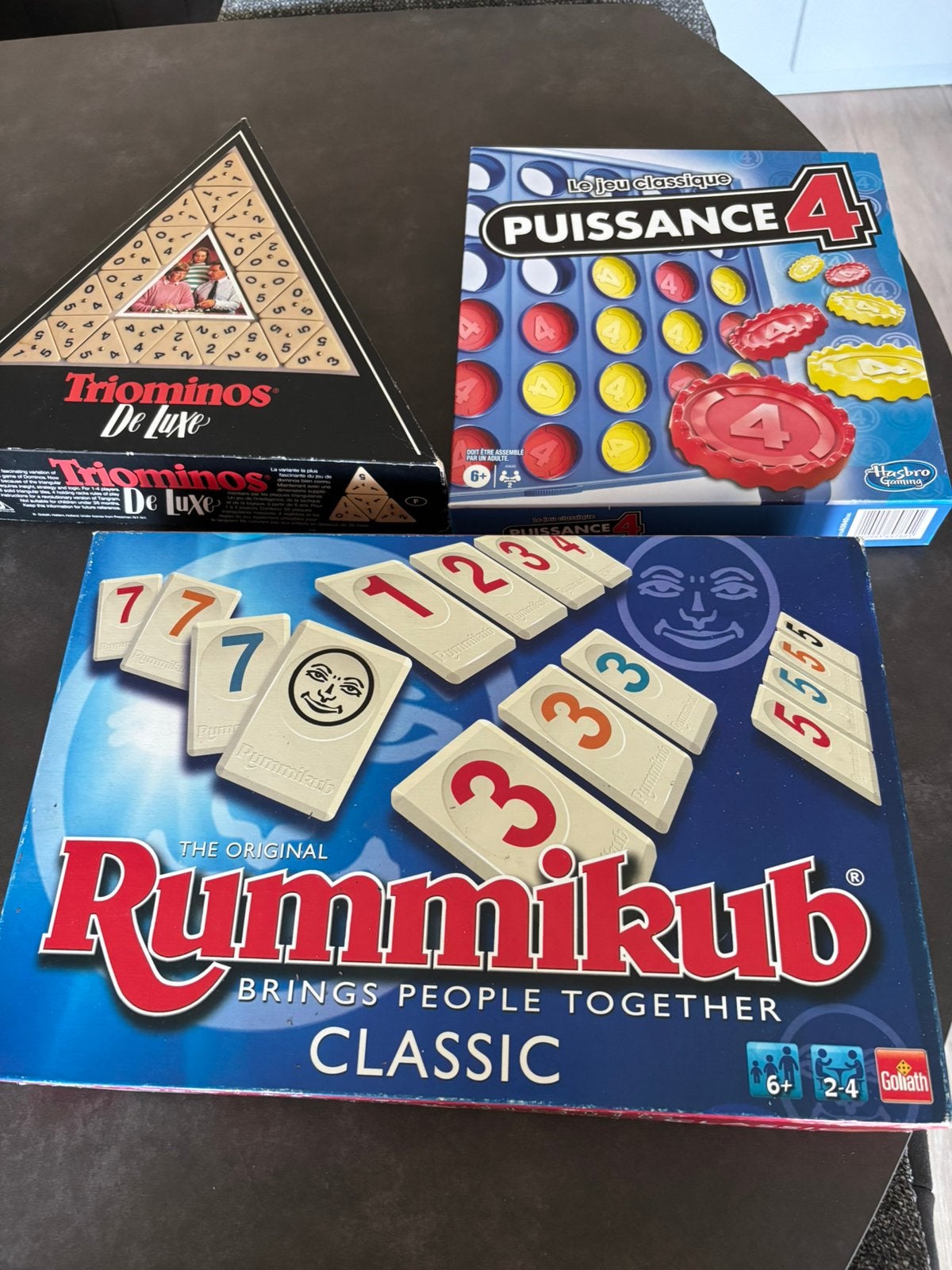 3 gezelschapsspellen rummikub, 4 op 1 rij, Triominos, Enlèvement, Comme neuf