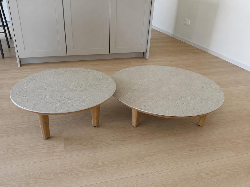 Tables basses en teck et ceramique Exterioo, Maison & Meubles, Enlèvement, Comme neuf, Teck