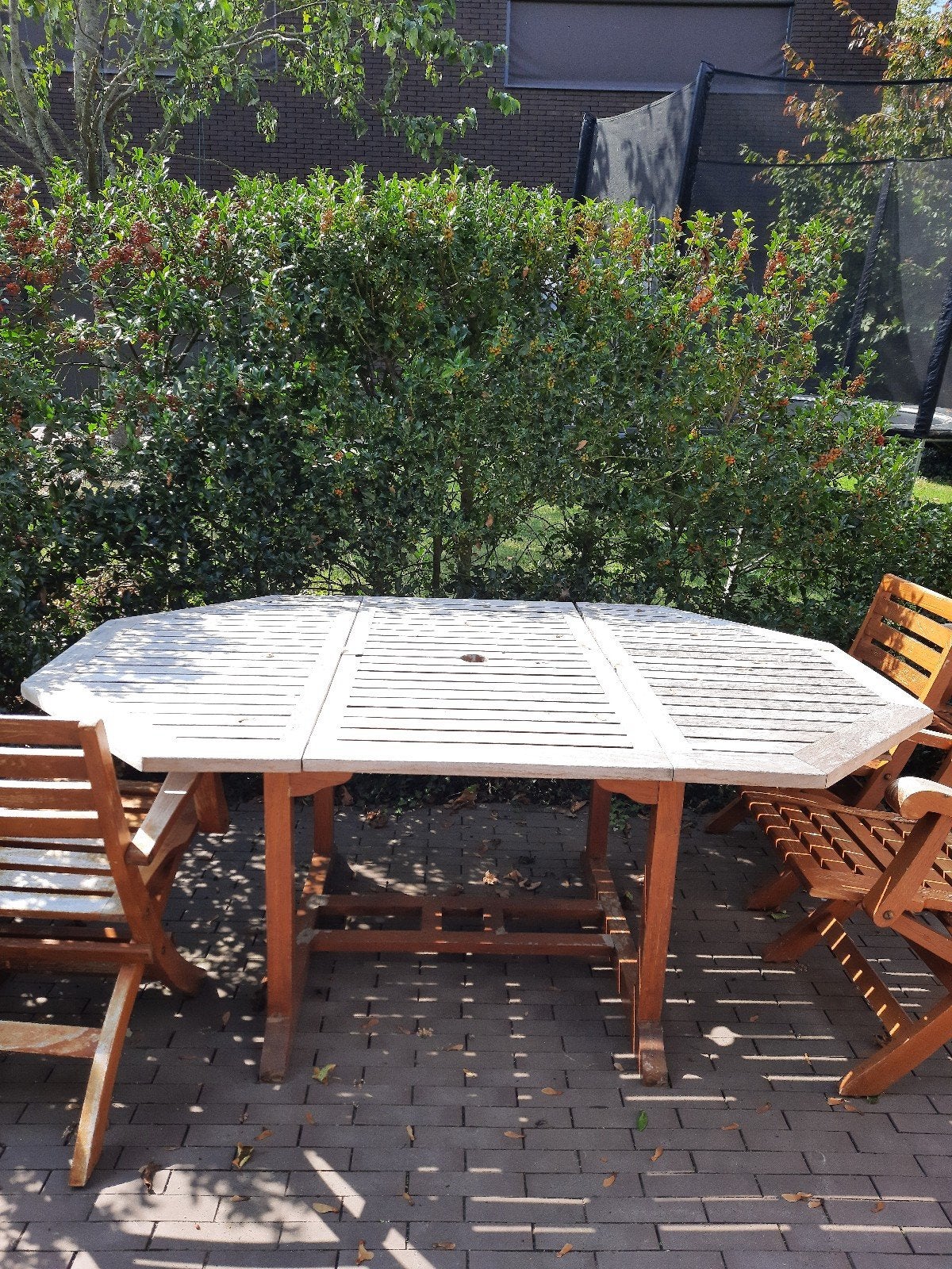 6 tuinstoelen + uitschuifbare tafel en kussens, Tuin en Terras, Ophalen, Gebruikt, 6 zitplaatsen, Teakhout