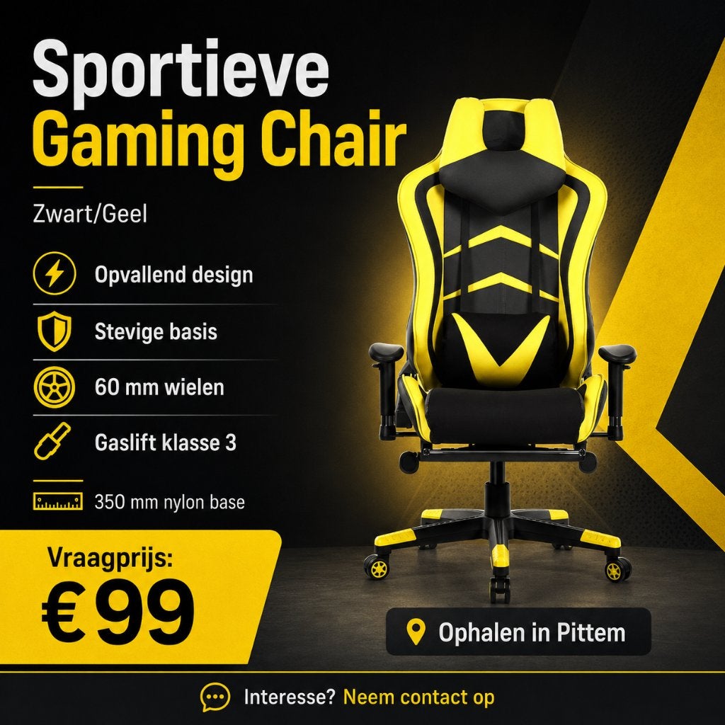 Zwart-gele Gaming Stoel – Sportief design – Verstelbaar, Huis en Inrichting, Bureaustoelen, Geel, Nieuw, Ophalen of Verzenden