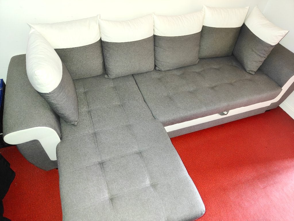 Canapé d'angle en L gris et blanc nouveau, Maison & Meubles, Banc d'angle, Gris blanc tissus, Quatre personnes ou plus, Bois