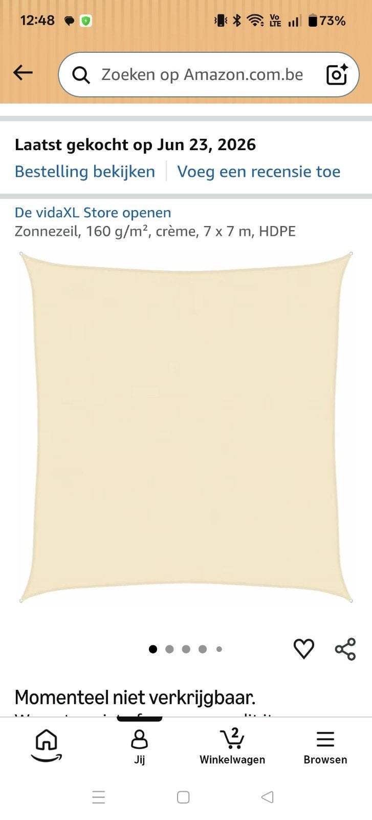 Splinternieuwe schaduwdoek 7x7 meter, Enlèvement