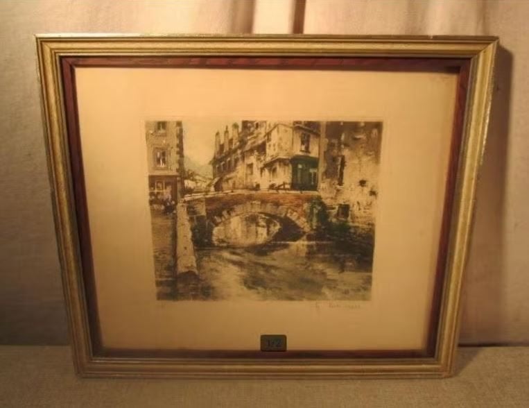 Belle gravure « Old Bridge », signée, Enlèvement ou Envoi, Vue urbaine, Eau-forte, Encadré