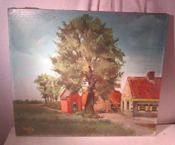 Mooi Oud Geschilderd Werk 'Boerderij en Bomen' - Delmote, Doek, Ophalen of Verzenden, Landschap, Olieverf