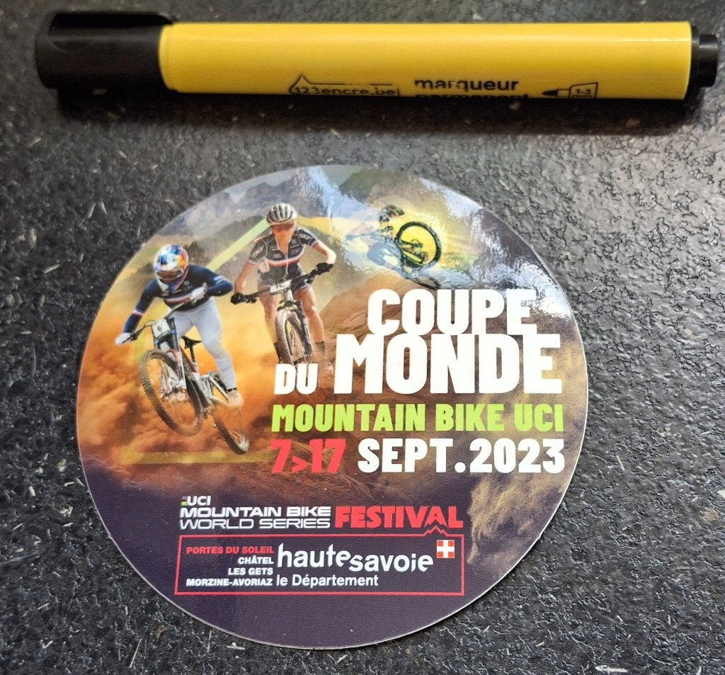 Sticker : Wereldkampioenschap Mountain Bike UCI 2023, Ophalen of Verzenden, Zo goed als nieuw, Sport