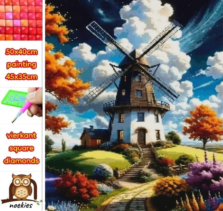 50x40cm Diamond painting molen (vierkant) nr 42, Hobby en Vrije tijd, Knutselen, Nieuw, Diamond painting, Educatief, Zelfklevend