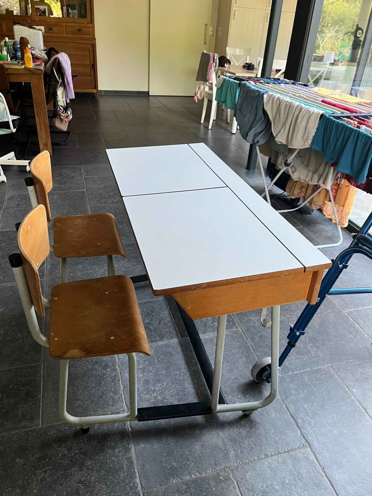 Schoolbank met 2 zitjes, Ophalen, Gebruikt, 110 cm, Hout