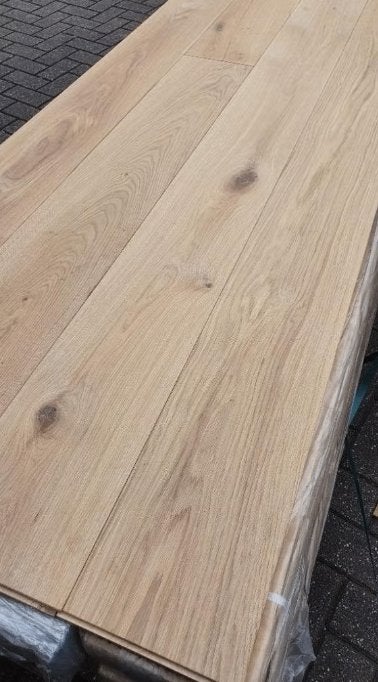 RESTPARTIJ 44.2 M2 EIKEN MULTITOP 18 CM BREED WIT GEOLIED, Ophalen, Wit