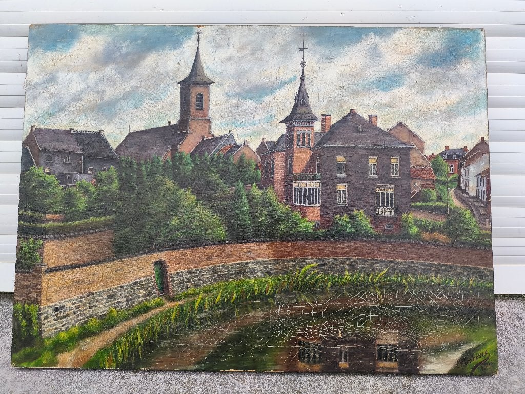 Huile sur toile village signe soonne 1908, Antiquités & Art, Art | Peinture | Classique, Enlèvement ou Envoi, Toile