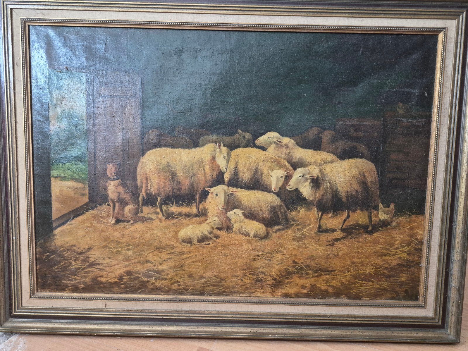Olieverfschilderij Schapen in Stal – Jules Verschraegen (189, Enlèvement, Signé, Animaux, Toile