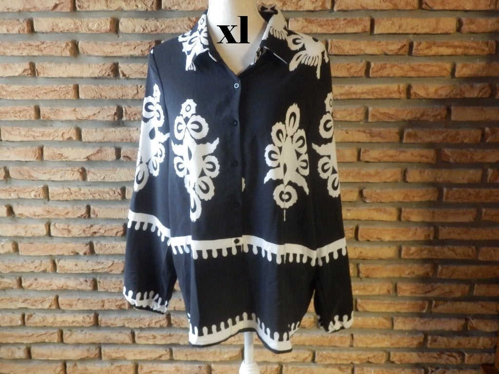 (6) - chemisier femme t.XL noir blanc, Ophalen of Verzenden, Zo goed als nieuw, Maat 42/44 (L), Zwart