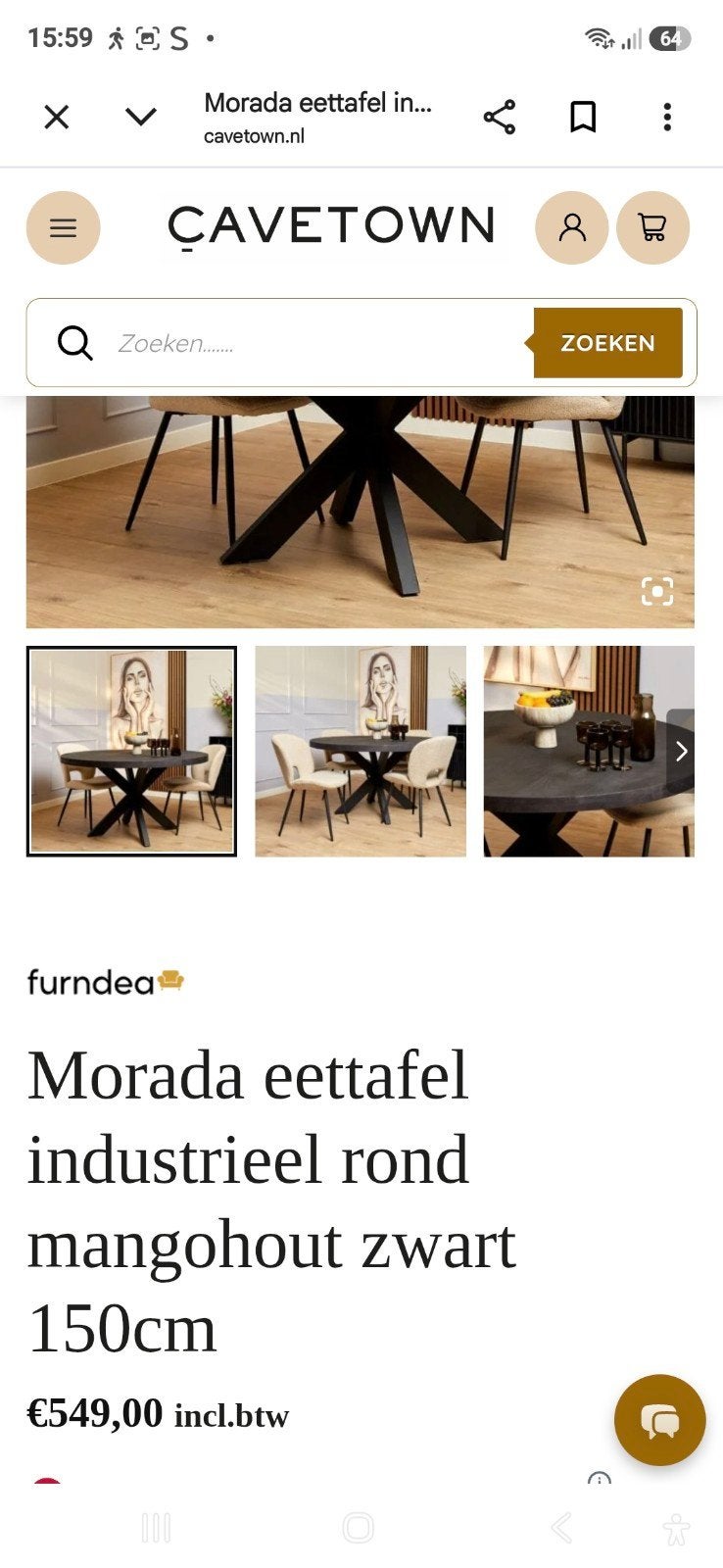 ronde tafel, zwart, mangohout, 150cm, Huis en Inrichting, Ophalen, Zo goed als nieuw, Rond, Overige houtsoorten
