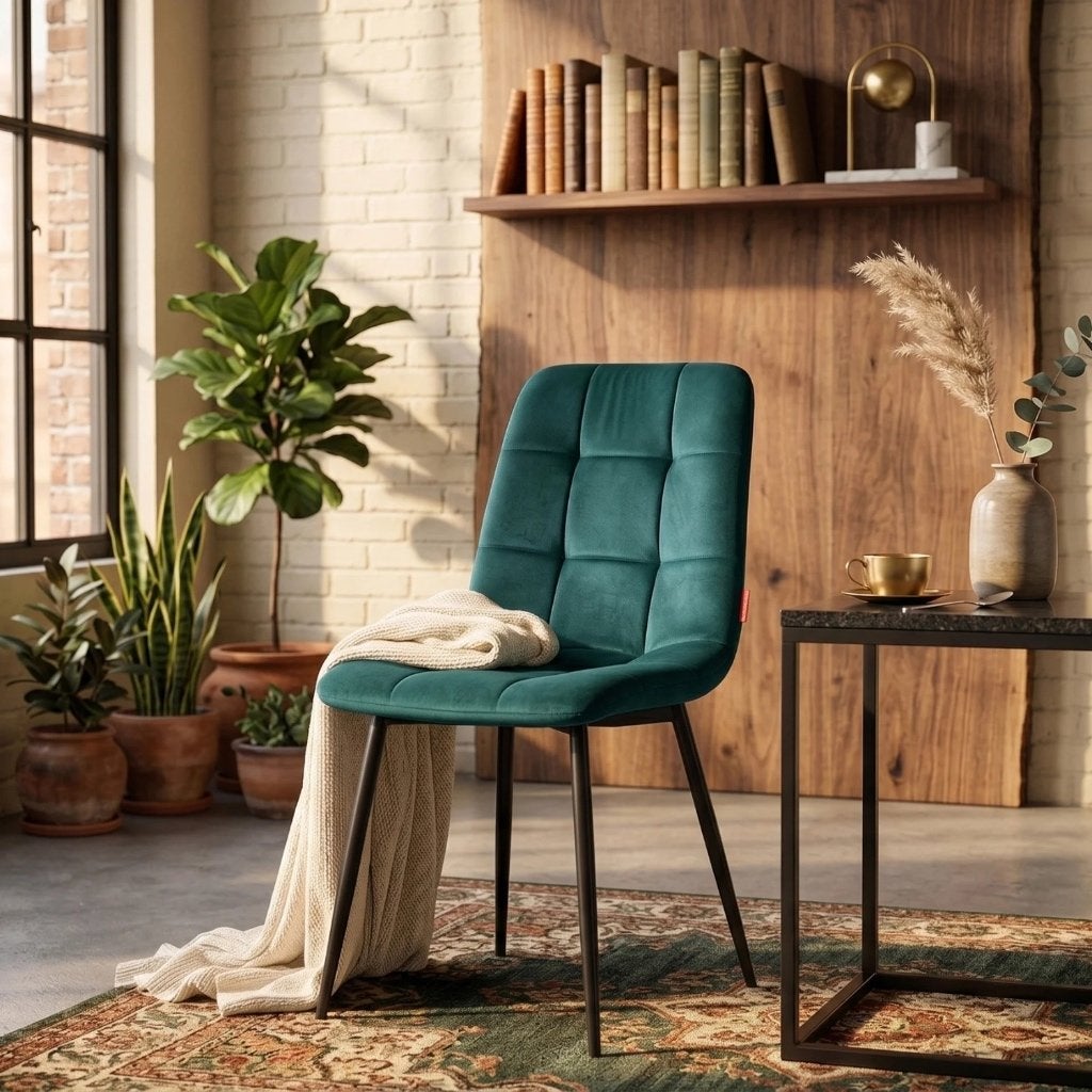 Set van 6 groene velvet eetkamerstoelen – Ela, Huis en Inrichting, Stoelen, Ophalen of Verzenden, Stof