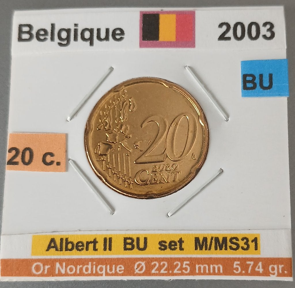 Belgique 20 ctmes ALBERT II année 2003 BU, Timbres & Monnaies, Monnaies | Europe | Monnaies euro, 20 centimes, Belgique, Or, Envoi