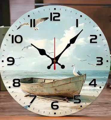 Ronde wandklok van hout Strand met boot (25cm), Ophalen of Verzenden, Nieuw, Wandklok