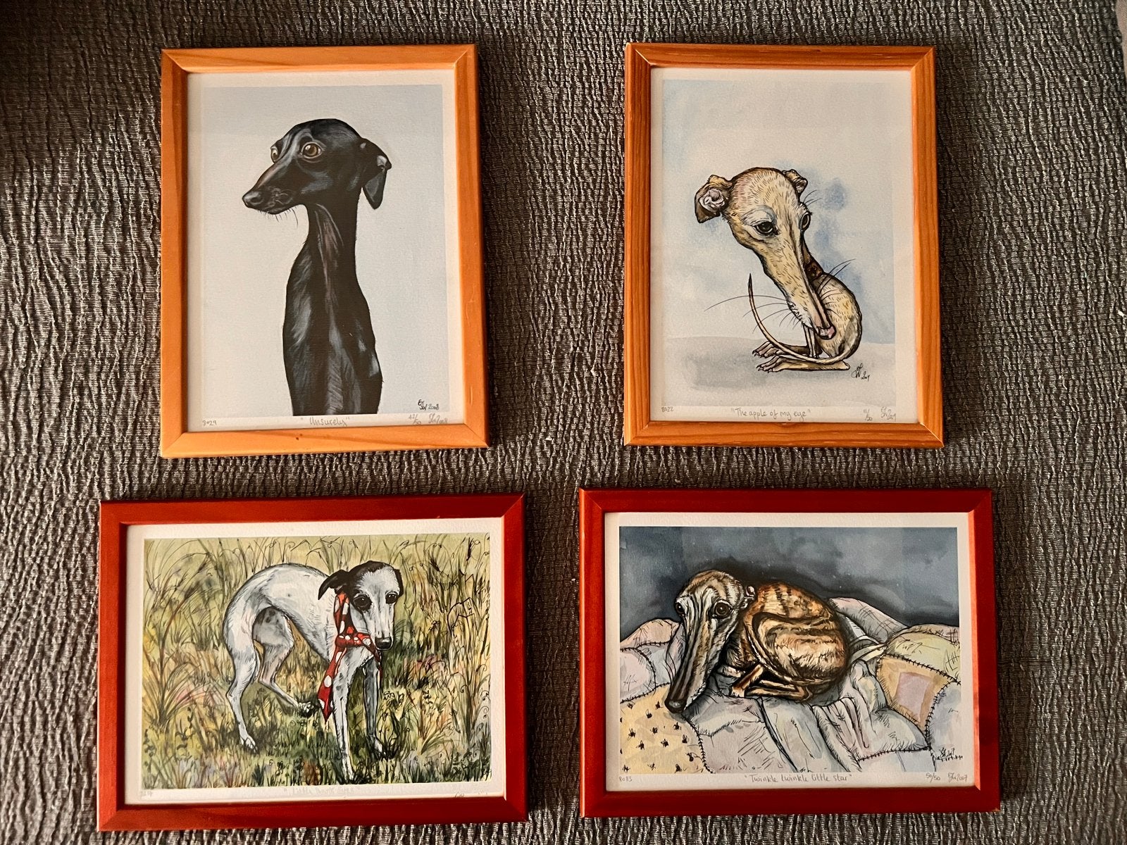 Whippet Greyhound Windhond – 4 signed art prints, Antiquités & Art, Enlèvement ou Envoi