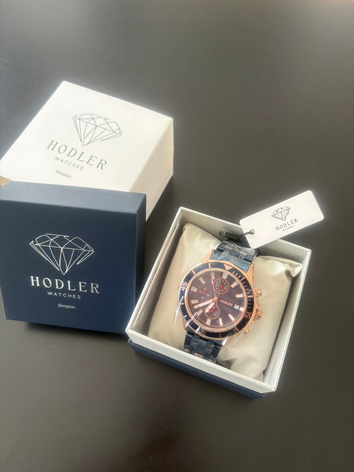 Hodler Chronograaf Herenhorloge – NIEUW – Roségoud/blauw, Overige merken, Staal, Staal, Polshorloge