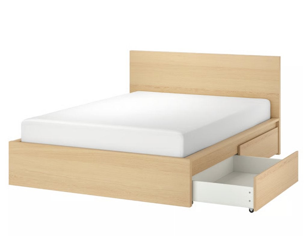 Lit Ikea Malm 140x200 - sommier à latte - 4 rangements, Ophalen, Gebruikt, Bruin, Tweepersoons