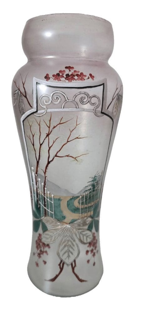 Art nouveau vaas in opaalglas met emaillen decoratie, Antiek en Kunst, Ophalen of Verzenden