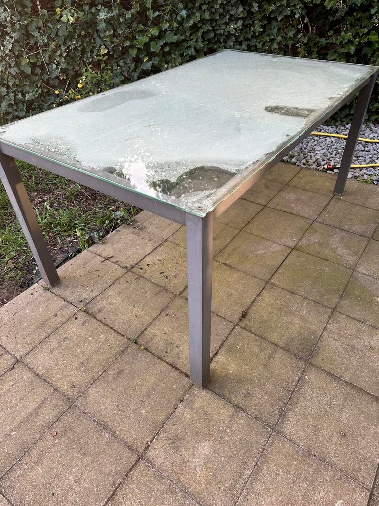 Glazen terras tafel, Ophalen, Gebruikt, Rechthoekig, Aluminium