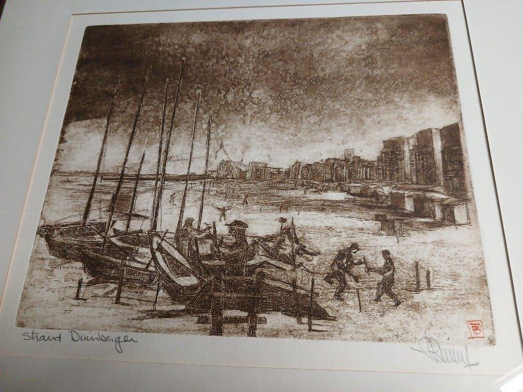 gesigneerde ets strand Duinbergen Knokke, Antiek en Kunst, Ophalen of Verzenden, Ets, Ingelijst