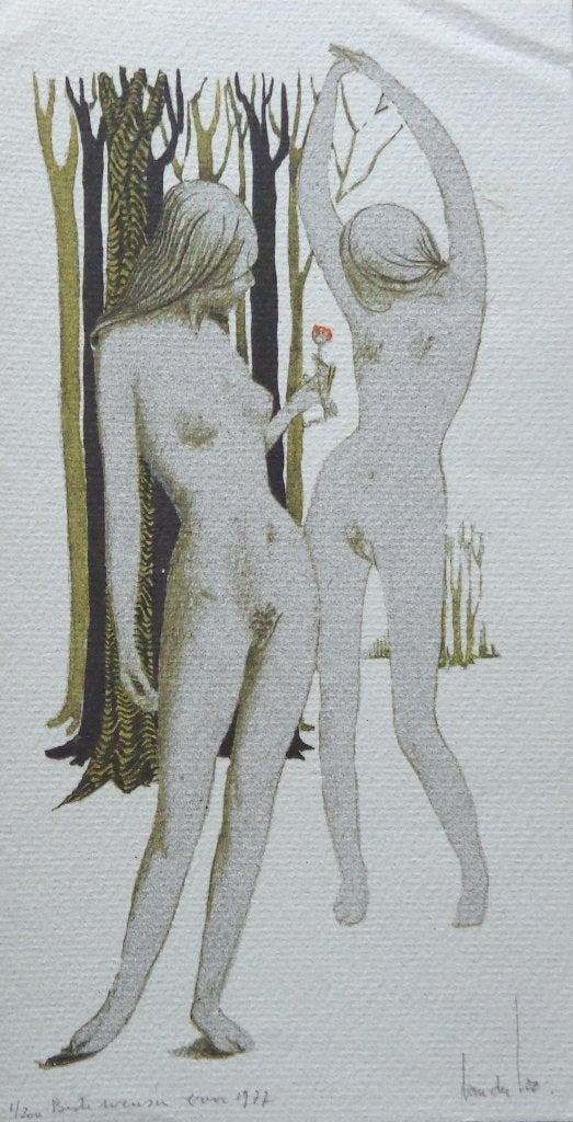 JAN VAN DER LOO / NIEUWJAARSKAART / 22x23cm / SIG / NAAKTEN, Enlèvement ou Envoi, Personnages et figures fantastiques, Lithographie
