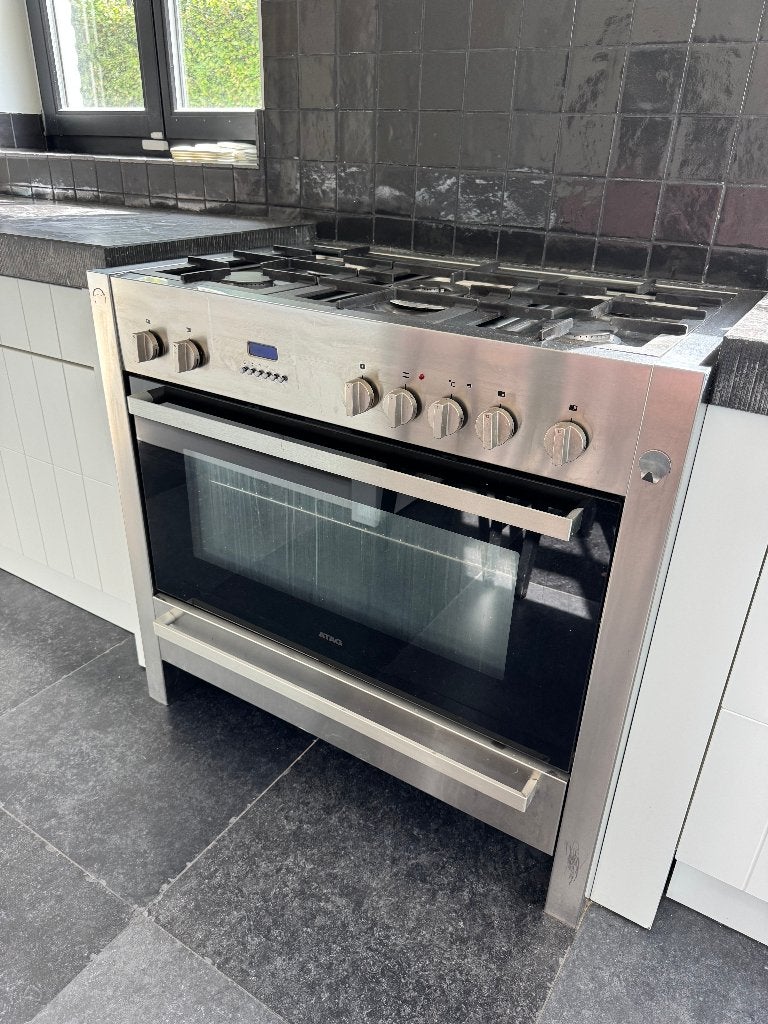 Cuisinière ATAG inox – 5 feux gaz + grand four électrique, Ophalen, Gebruikt, Gas, 85 tot 90 cm