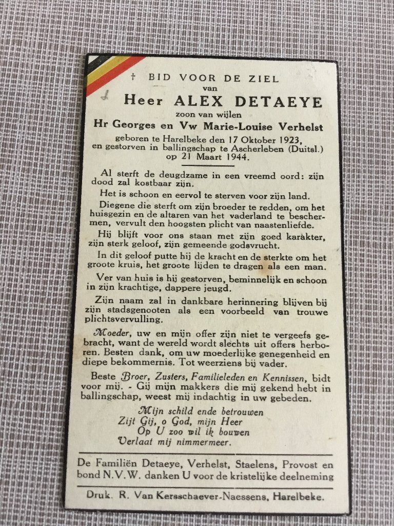 Victime de guerre A.Detaeye Harelbeke +Allemagne 1944 WOII, Envoi, Image pieuse