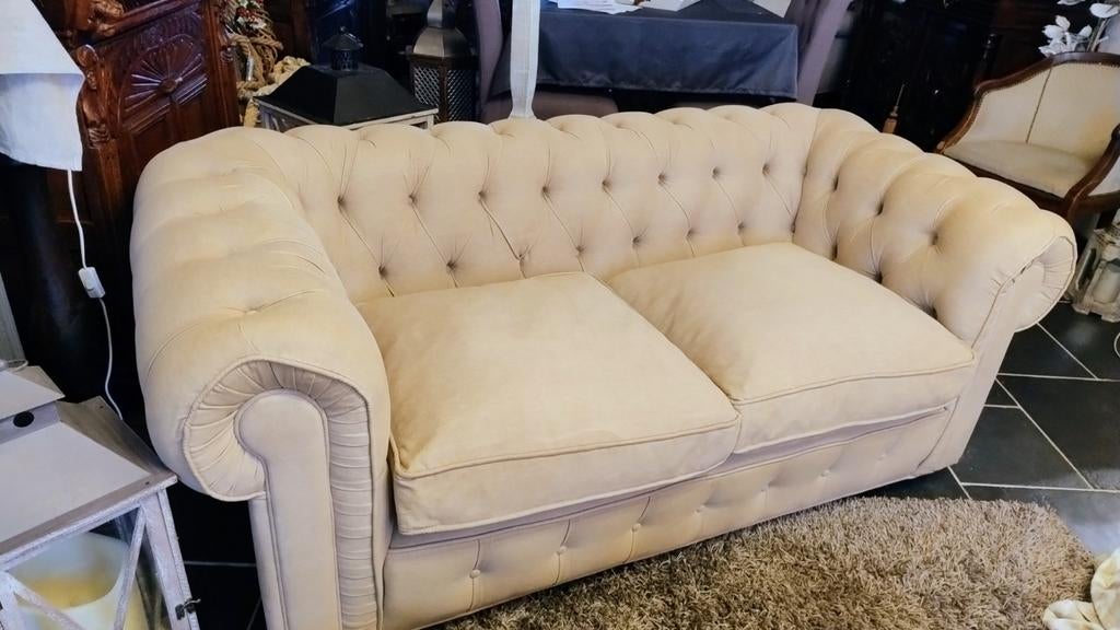 Chesterfield model zetel ,in ecru stof, Enlèvement, Tissus