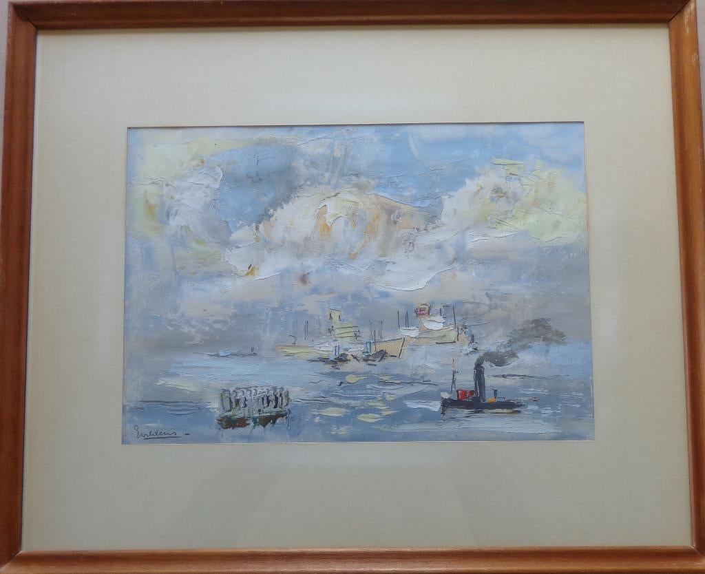 JACK GODDERIS / BOTEN OP RIVIER / OLIEVERF / 48x58cm / KADER, Antiquités & Art, Art | Peinture | Moderne, Enlèvement ou Envoi