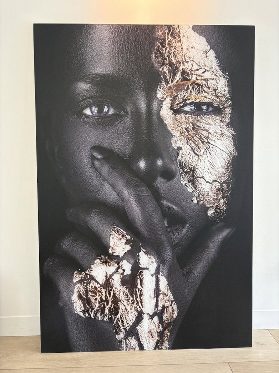 Plexiglas Schilderij - Vrouw Goud/Zwart (ca.100x150), Ophalen, Overige materialen, Print, Portret