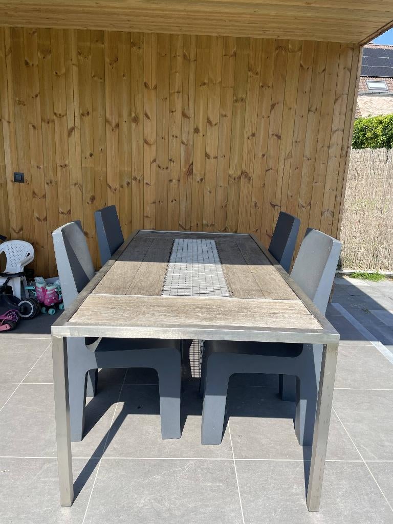 Tuintafel Gillinox 2m x 1m in inox en teak met 4 stoelen, Tuin en Terras, Ophalen, Gebruikt, Rechthoekig, Hout