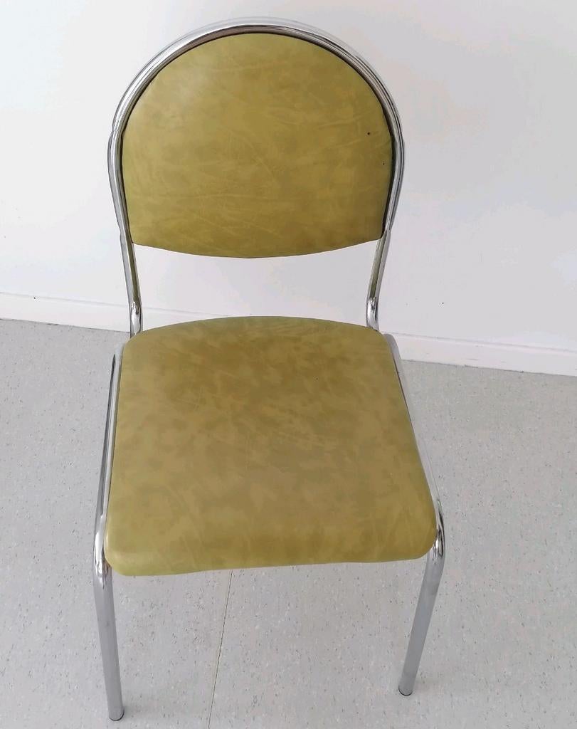 🟩 2 jolies chaises skaï vertes +2 tabourets acier chromé, Maison & Meubles, Enlèvement, Utilisé