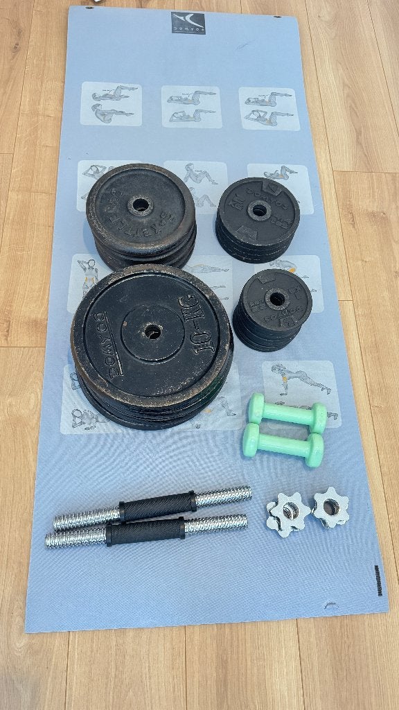 76 kg de poids + haltères + tapis, Vélos & Vélomoteurs, Enlèvement, Utilisé