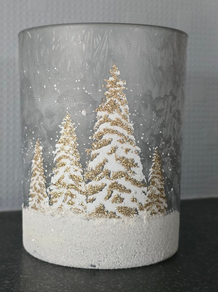 Kerstdecoratie : theelicht met dennenbomen H 12 cm, Ophalen of Verzenden, Zo goed als nieuw