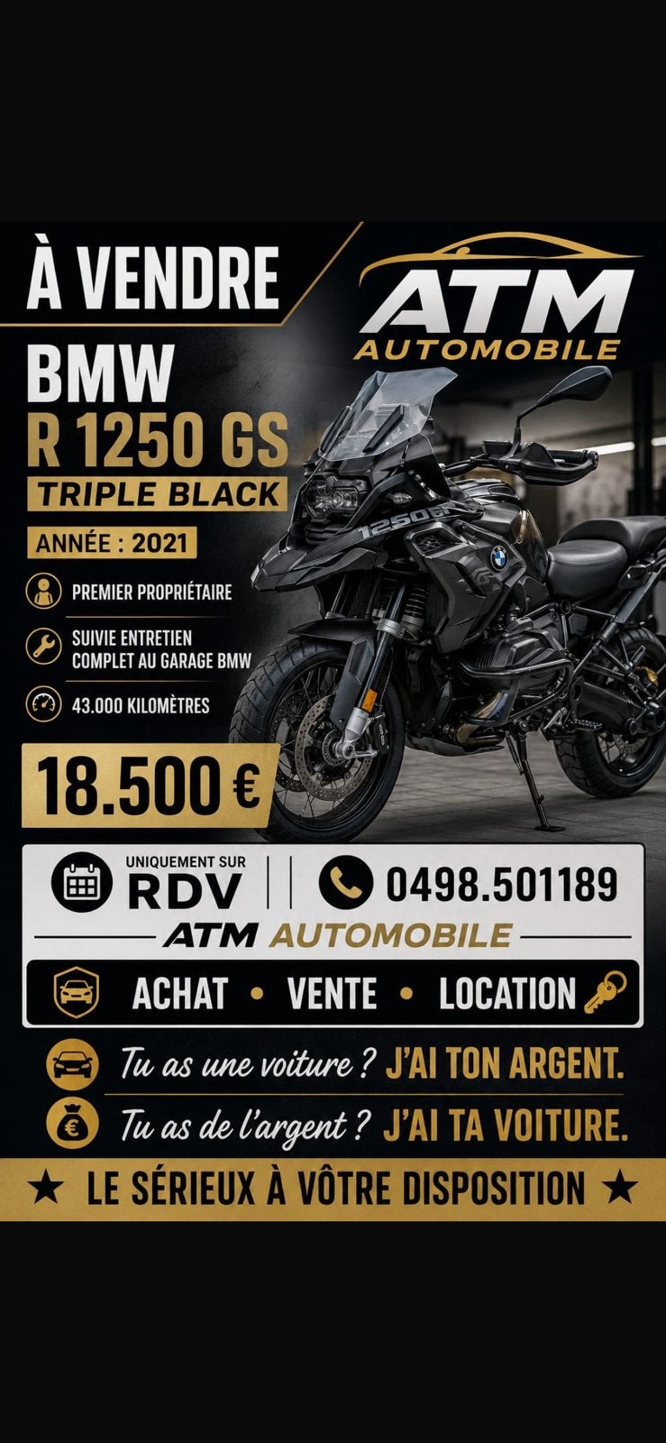 BMW R1250 GS Triple Black /1er propriétaire/ État impeccable, 2 cilinders, Occasion, 1254 cc, Motorrijbewijs A