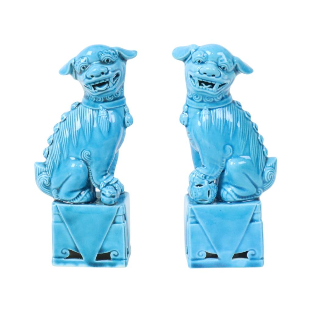 Koppel Blauw Geglazuurde Beeldjes Foo Dog Tempelleeuw 16cm, Enlèvement ou Envoi, Utilisé, Fantasy