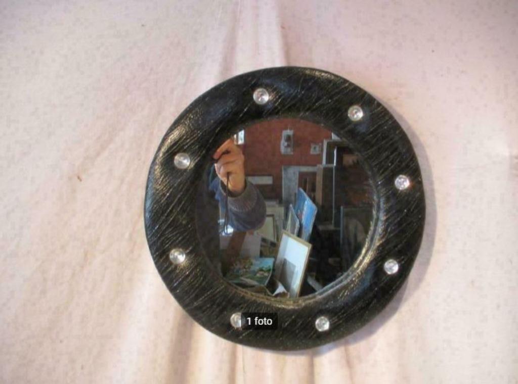 Joli Miroir Vintage Rond en cuir - 36cm, Enlèvement ou Envoi, Comme neuf, Rond