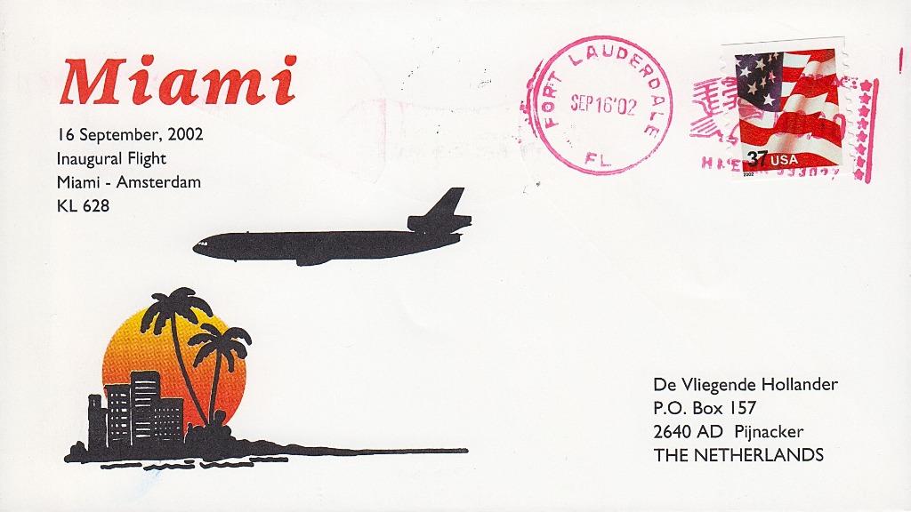 2002 - États-Unis - Vol Miami-Amsterdam [Y&T 3332c], Envoi, Affranchi, Amérique du Nord