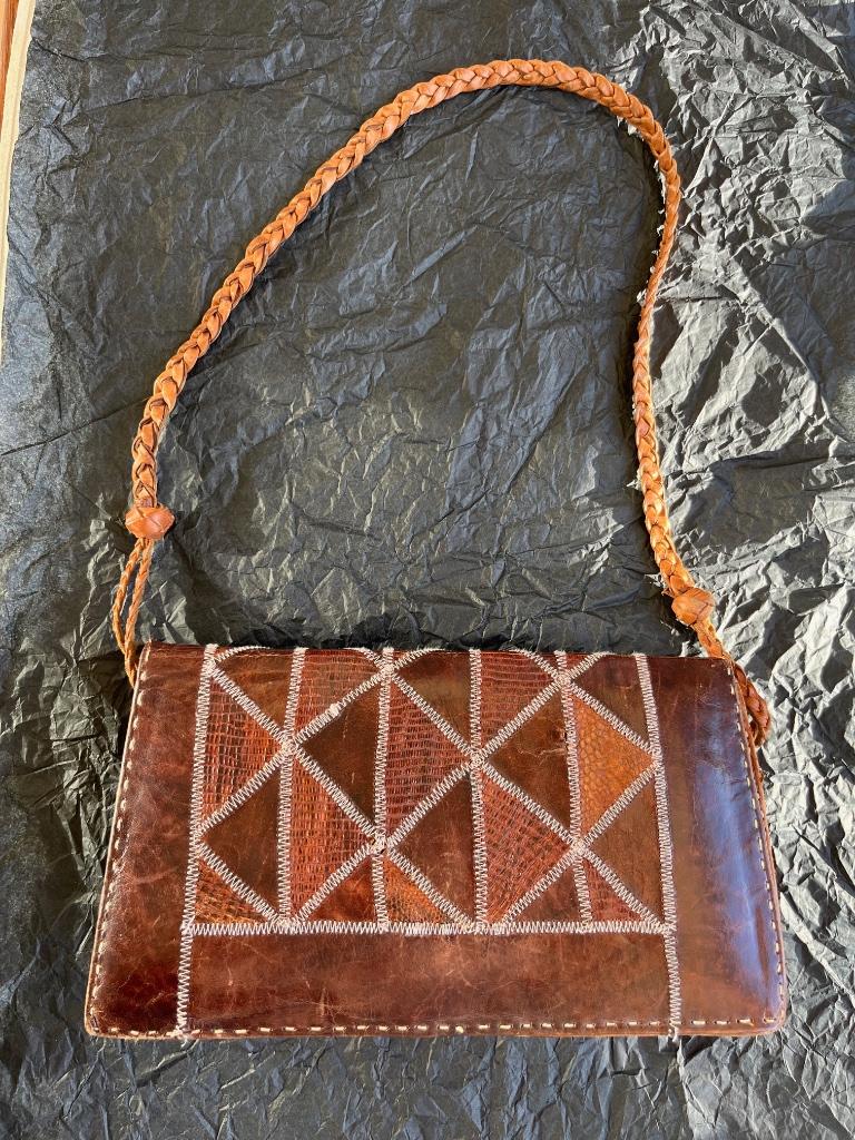 Sac à main en cuir et peau de serpent vintage, Enlèvement ou Envoi, Utilisé, Brun, Sac à main