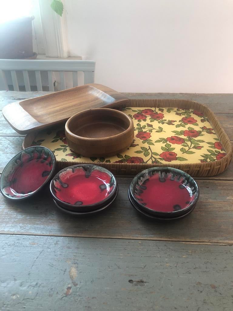 VINTAGE RETRO DIENBLAD HOUTEN KOM SCHAAL HANDGEMAAKTE SET, Enlèvement ou Envoi, Maison et Meubles