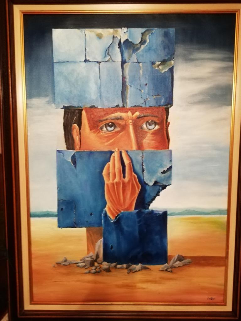 * A Leroy: schilderij: abstract werk in de woestijn, Ophalen