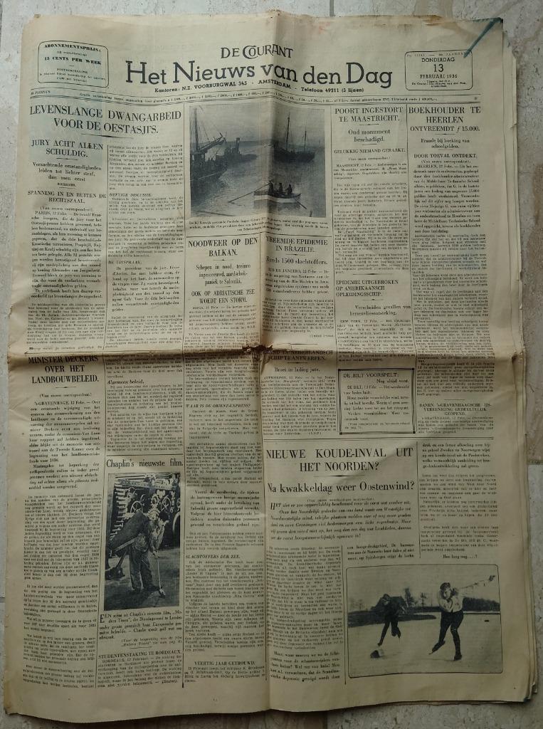 De Courant (Het Nieuws van den Dag) 13/2/1936, Ophalen of Verzenden, 1920 tot 1940, Krant
