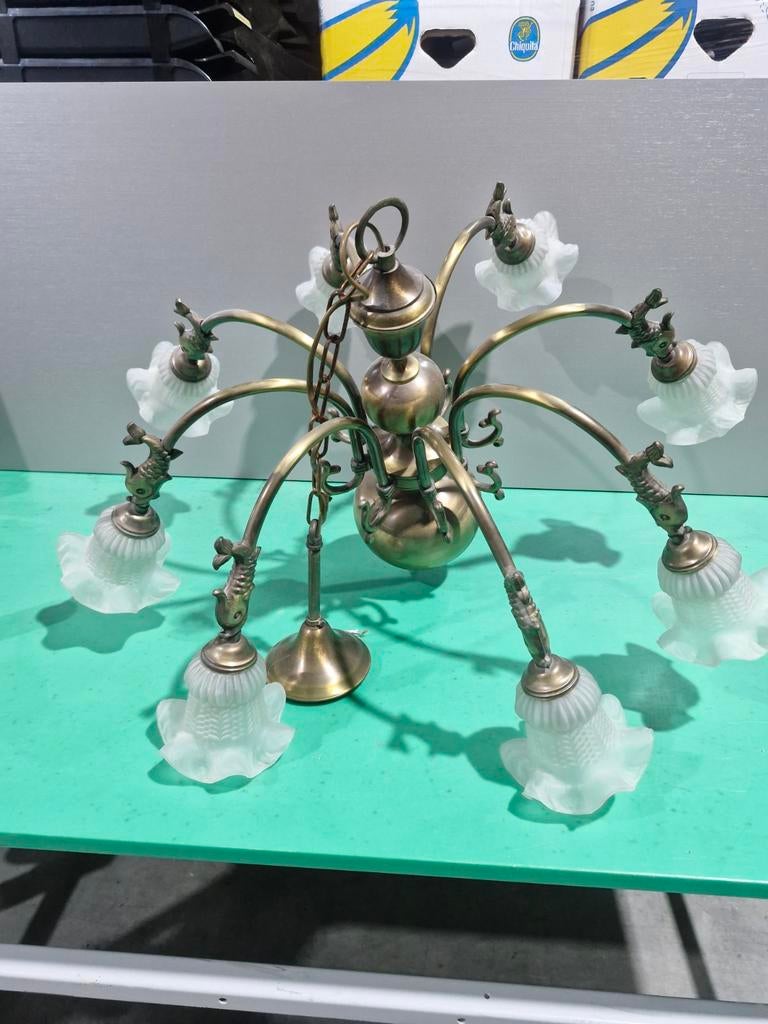 Koperen luster met vis versiering met 8 lampen, Antiek en Kunst, Ophalen
