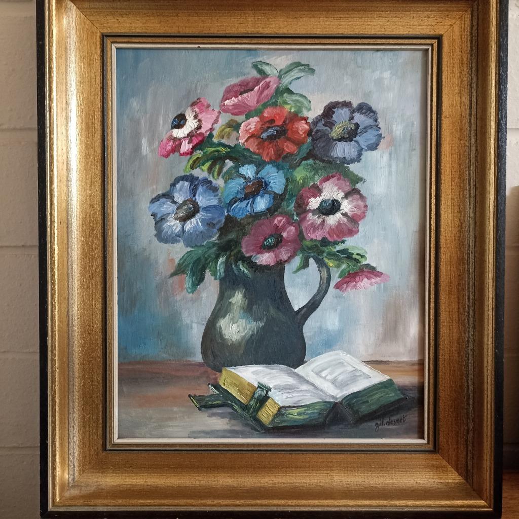 Schilderij op doek met kader , bloemen , Gil. Desmet, Antiek en Kunst, Ophalen