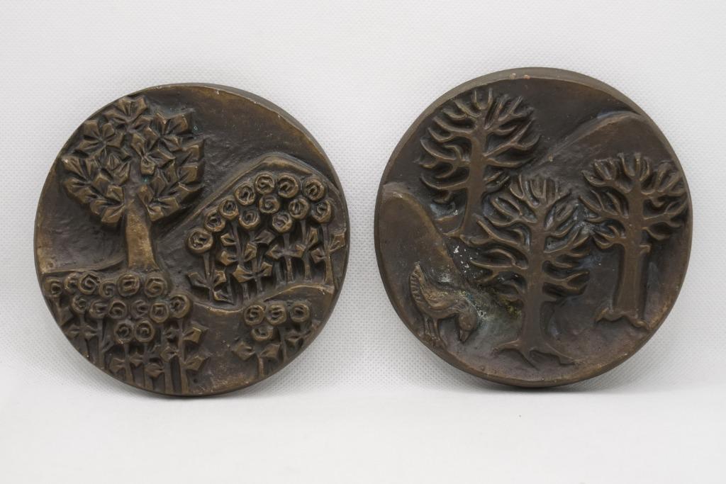 2x vintage bronzen plaques zomer & winter, Antiek en Kunst, Ophalen of Verzenden, Brons